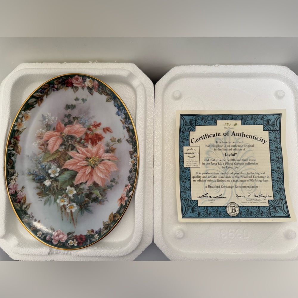 Vintage Lena Liu’s floral cameos “Joyful” porcelain plate 1998.